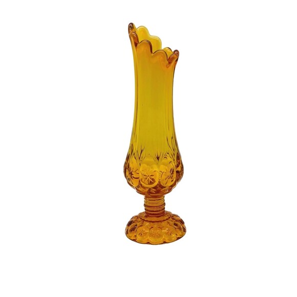 Vintage 12" Kanawha Cadmium Amber Glass Moon and Stars Footed Swung Vase UV Glow - Picture 6 of 13